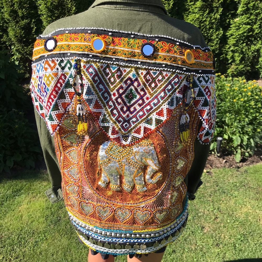 Embellished Elephant patch green denim jacket S/M